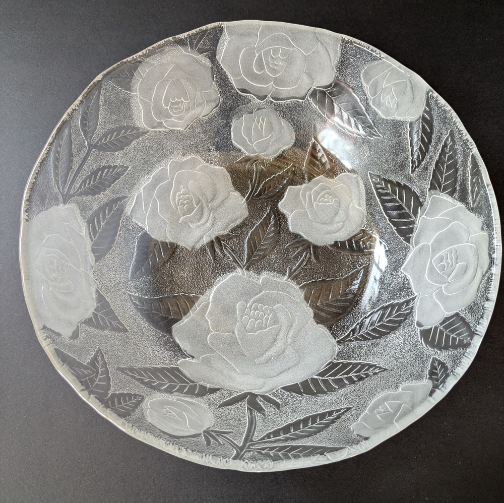 Vintage Glass Salad Serving Bowl Clear Frosted Roses Leaves 9 1/4" Fruit Bowl